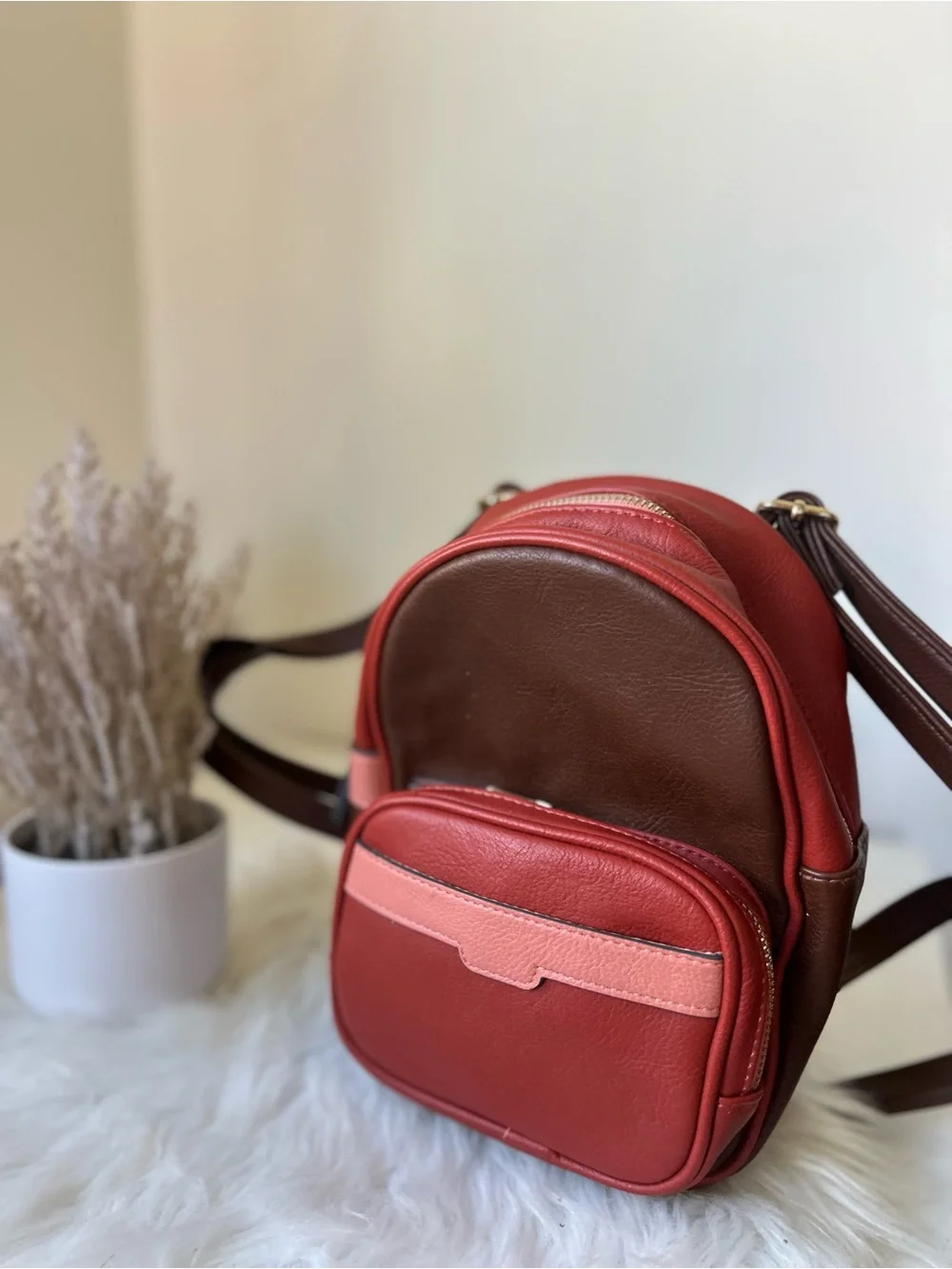 No boundaries Compact Two-Tone Leather Mini Backpack in Red and Brown new